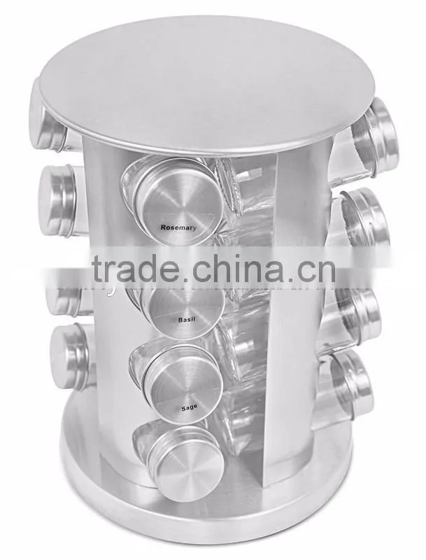 12 jars Glass Condiment Kitchen Set Stainless Steel Revolving Spice Rack set