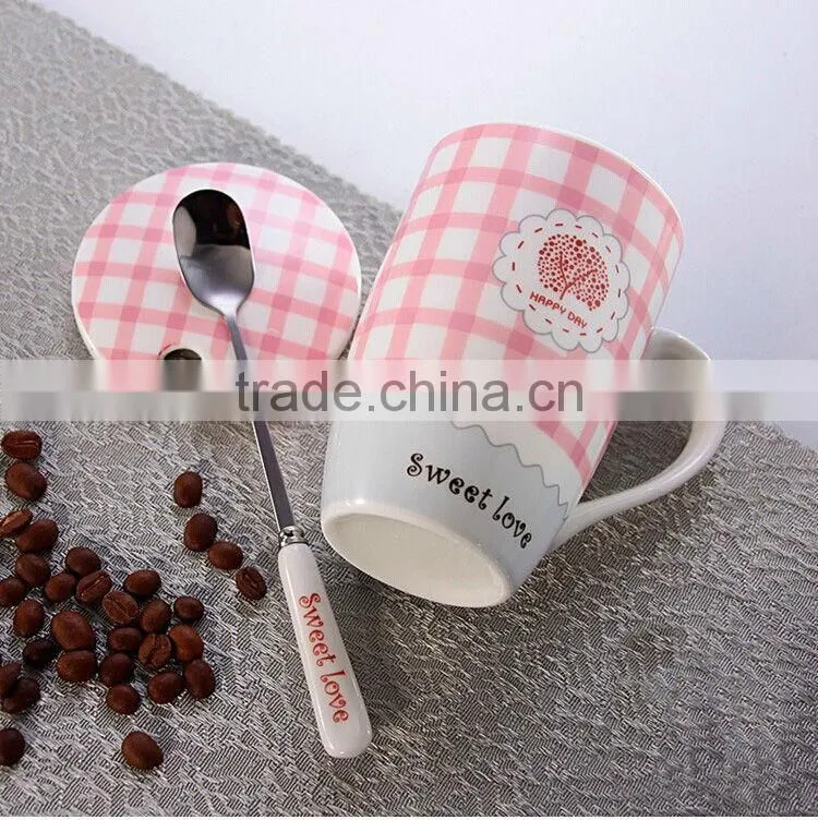 Ceramic mug with spoon,coffee mug with lid&spoon,floral dot travel mug with handle,mug with spoon