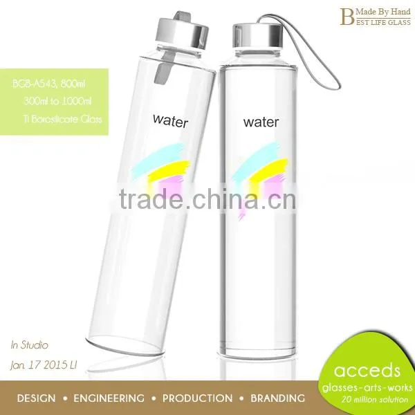 Handmade Promotion Pyrex Glass Water Bottle for Sports BPA free