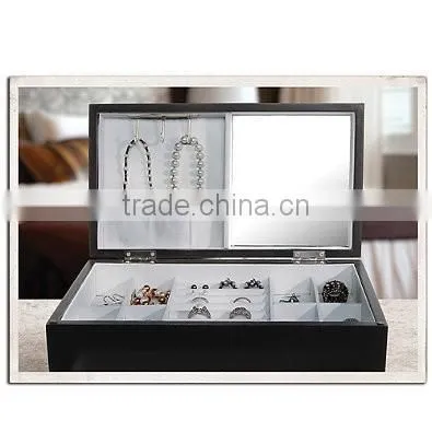 Black Leather Jewelry Box Watch Organizer Storage Case With Elegant Mirror