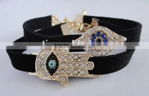 rhinestone inlaid hamsa hand evil eye charm suede leather bracelet