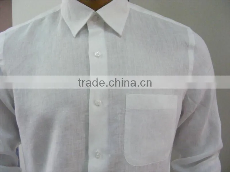 men's white linen shirt with french cuffs and one chest pocket