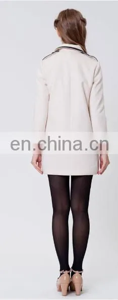 European style elegant women wool fashion design coats 2014 with PU leather horn button