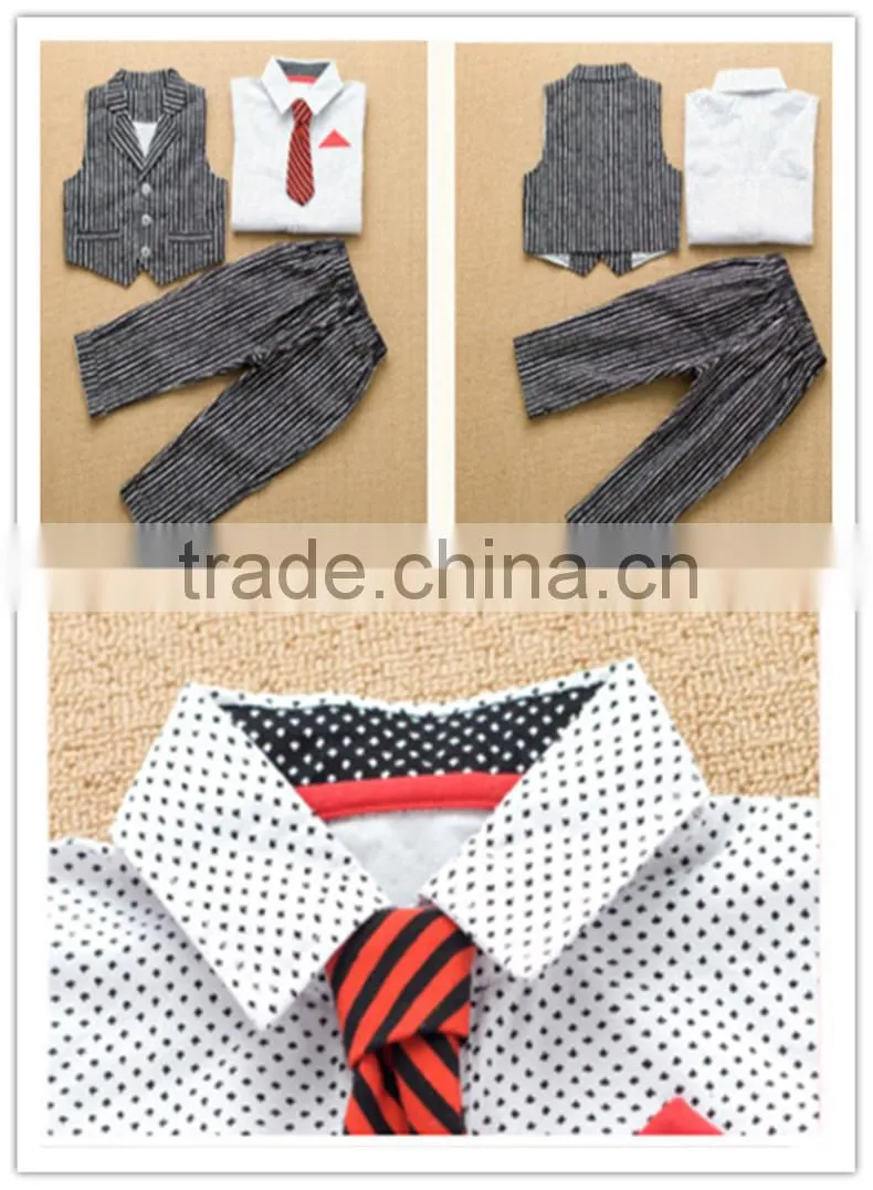 2016 Wholesale New arrival British Striped vest three-piece baby boy set plaid shirt with tie baby boy clothes suit