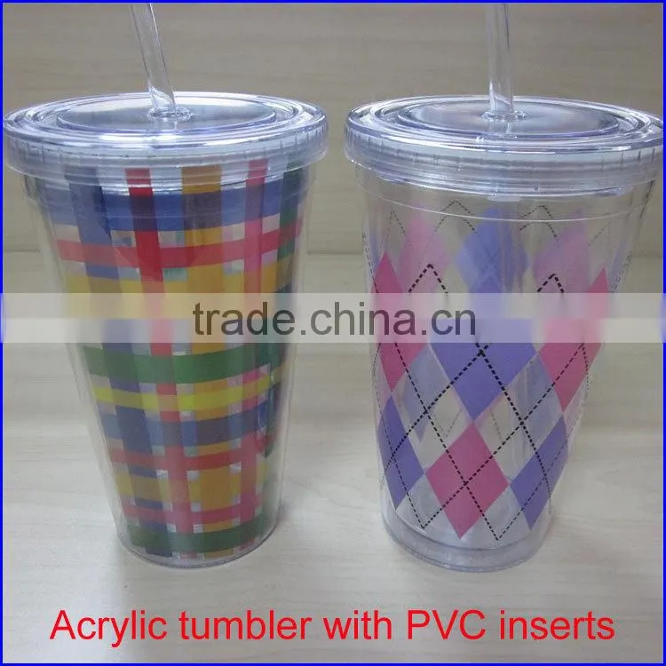 BPA free Acrylic double wall 16 oz tumblers with straw FDA standard PVC or paper insert mugs
