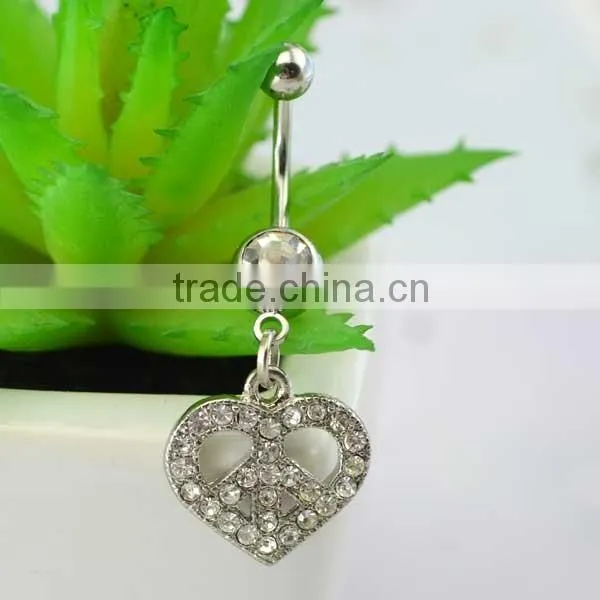 Competitive price navel ring women hanging heart peace cz navel body jewelry