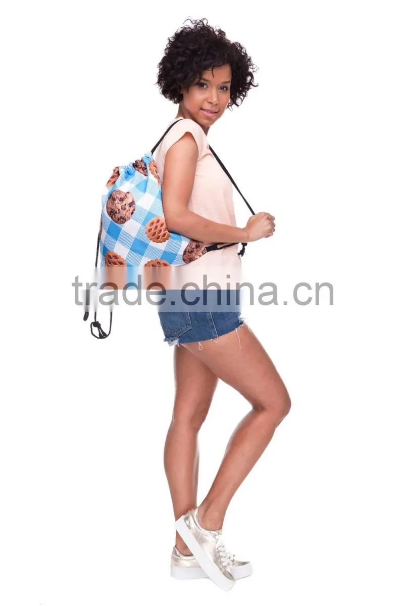 High Quality 3D Printed Cookie Blue Grid Kids Ecobag Drawstring Bag