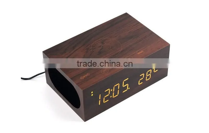 Wireless charger+Clock+Alarm+Thermometer,New style wood bluetooth speaker