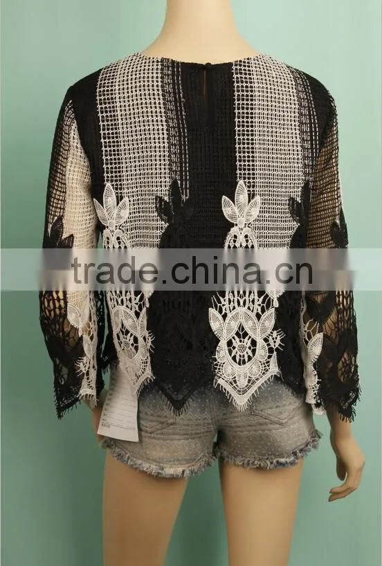 2016 classical net design long sleeve ladies fashion floral pattern embroidered cotton blouse