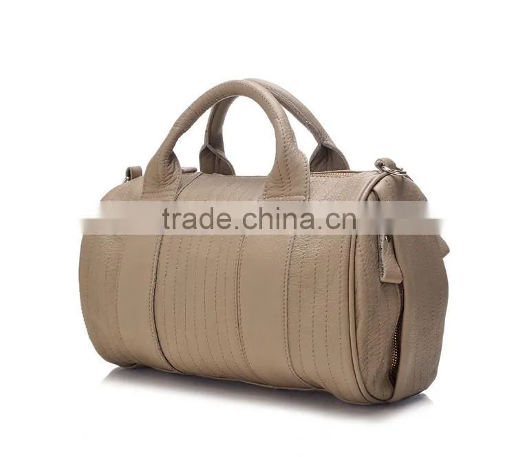 New Design Women's Leather Travel Bag,cylindrical brown duffle bag