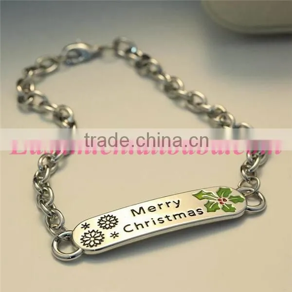 Hot selling merry christmas letter engraved metal plate cuff bangle bracelet