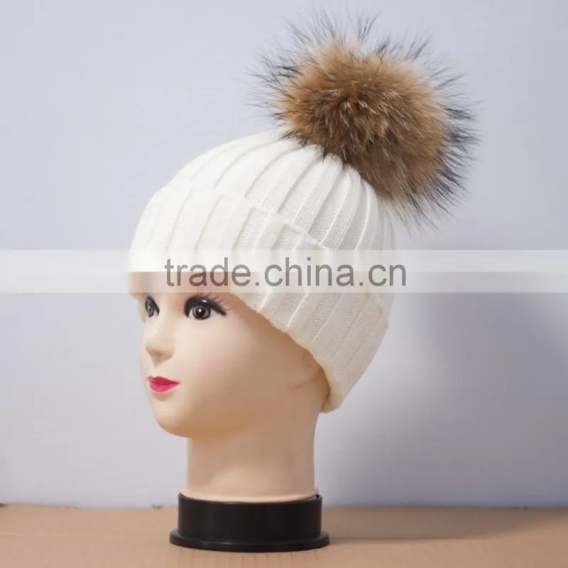 KH1214 Knitted full raccoon fur pompom wool hat