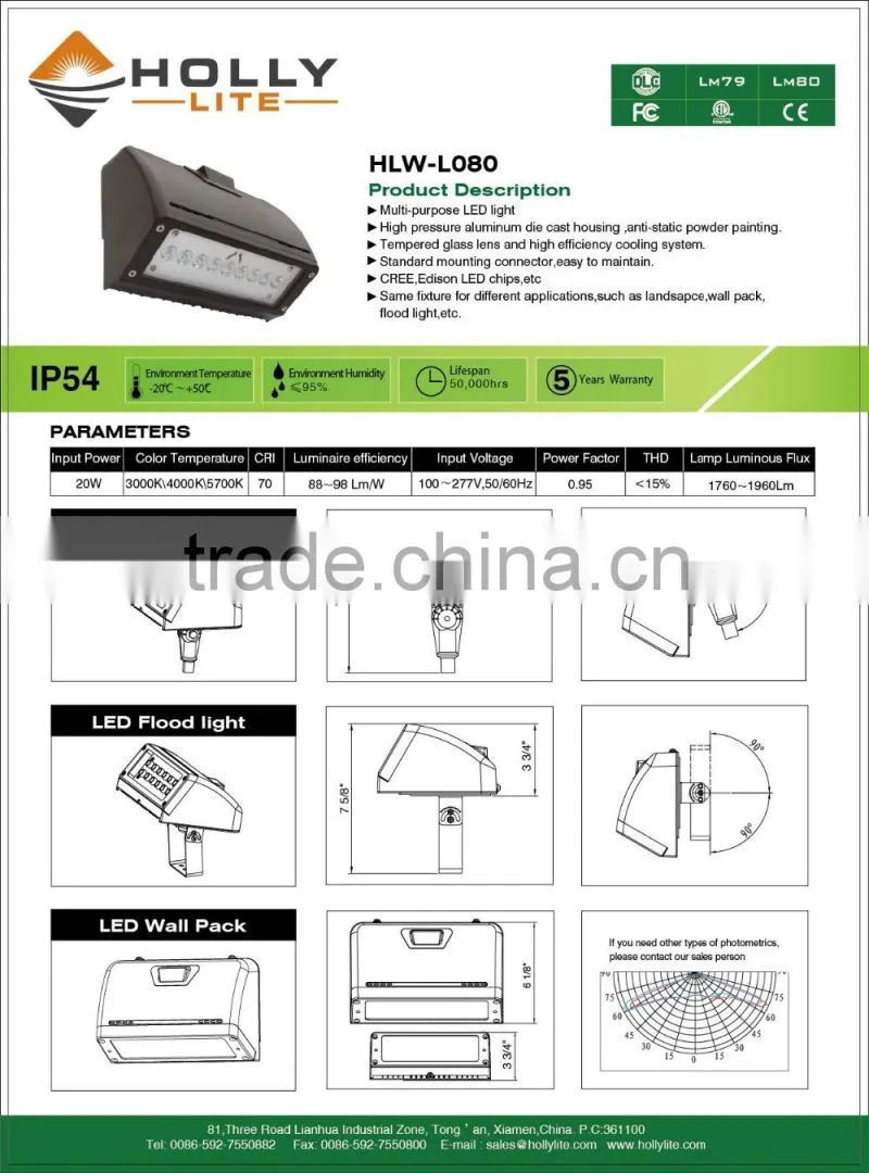 20W DLC approval LED flood lights for corridors