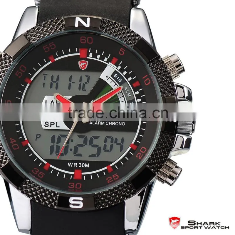 Shark Analog Digital Quatrz LCD Day Date Rubber Band Men LED Wrist Watch