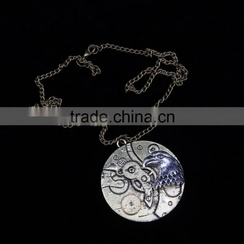 New arrival steampunk round cameo shape eagle head gear steam pendant statement necklace 2015 yiwu fashion jewelry hot sale