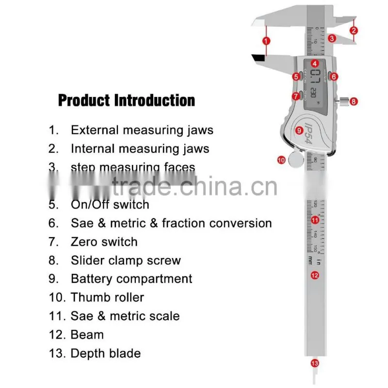 Digital Caliper, Water Resistant, Fractions, 6"/150mm, Durable Stainless Steel