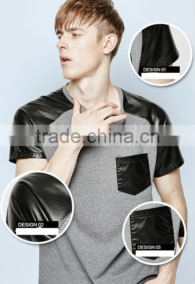 Pure cotton leather sleeve t shirts with pocket PU T-shirt Casual T-shirt