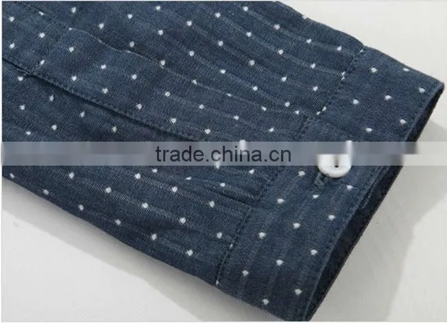 latest blue 100% cotton cowboy/jeanet long sleeve casual shirts for men with dots and spread collar