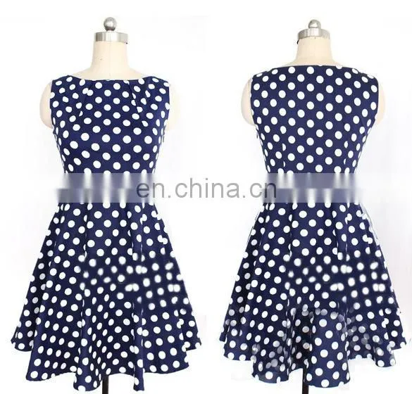 50s Retro Style Ladies Sleeveless Blue Polka Dot Dress