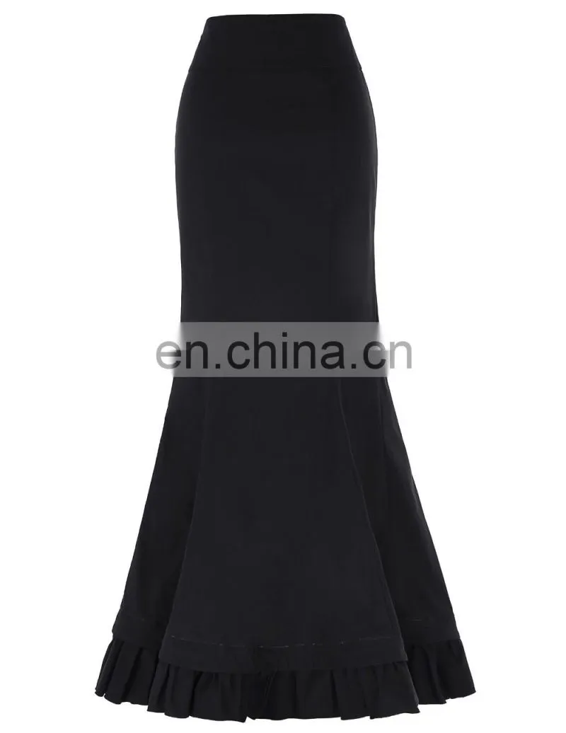 Belle Poque Womens Victorian Style High Stretchy Nylon-Cotton Vintage Retro Ruffled Fishtail Mermaid Black Long Skirt BP000203-1