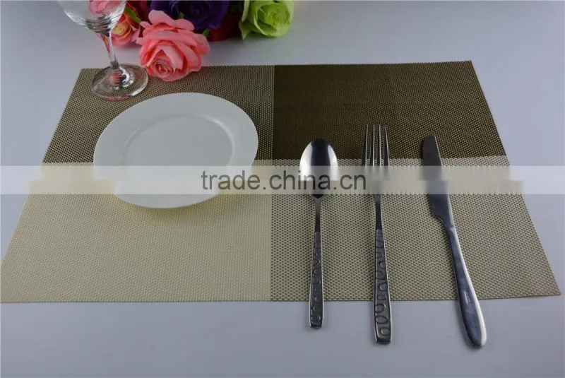 2015 New Arrival Gold Color Home Kitchen Dining Placemat Fashion Adiabatic PVC Strip Weave Table Mat