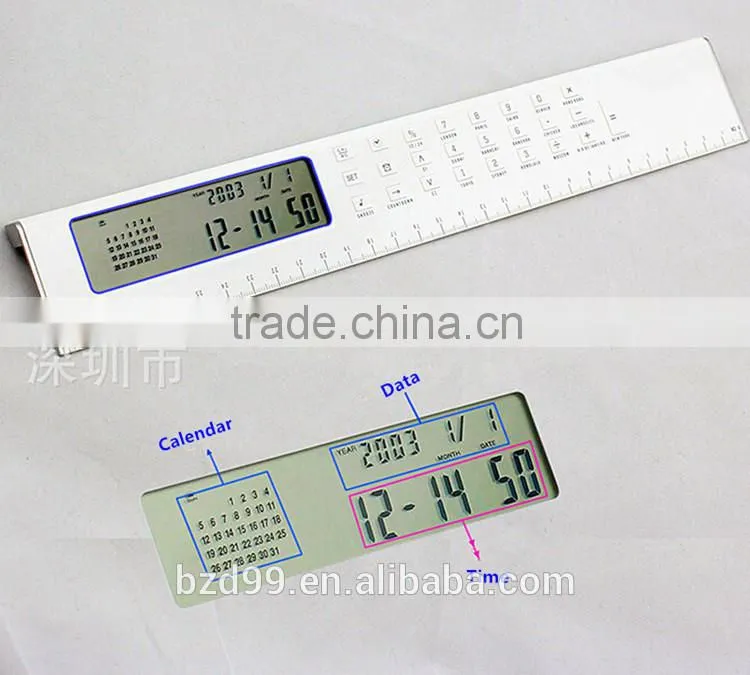 Promotional for Student/ Office/ Housework Pratical Functional Electric LCD Ruler Calculator with Digital Clock/ Alarm