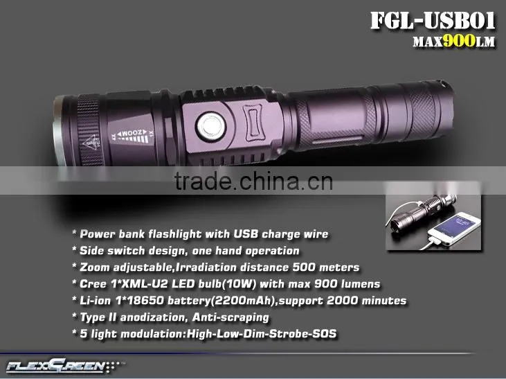 zoom function rechargeable 18650 power bank T6 LED USB torch