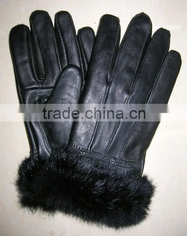 rabbit fur cuff lady real genuine leather gloves LG-06
