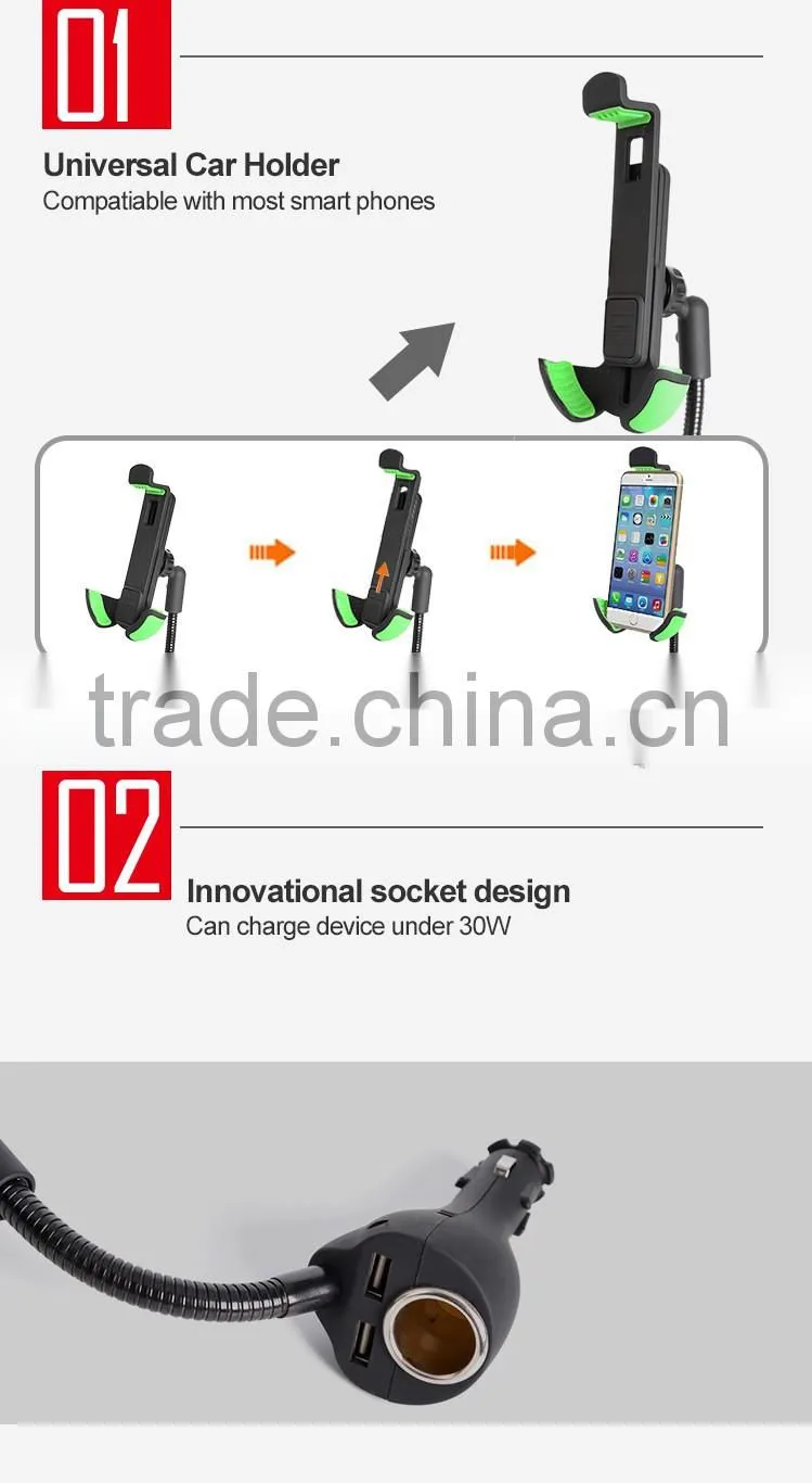 Universal dual USB port car charger holder cigarette socket suitable 4-6.3in smartphone