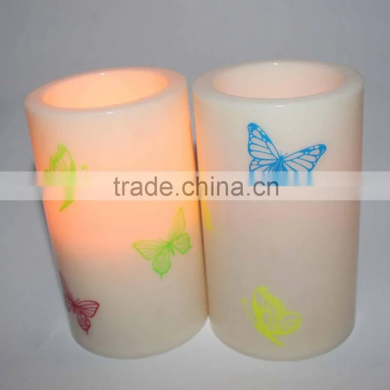 Plastic battery operated butterfly printing multicolor glowing led candle for tourist resort or garden decor