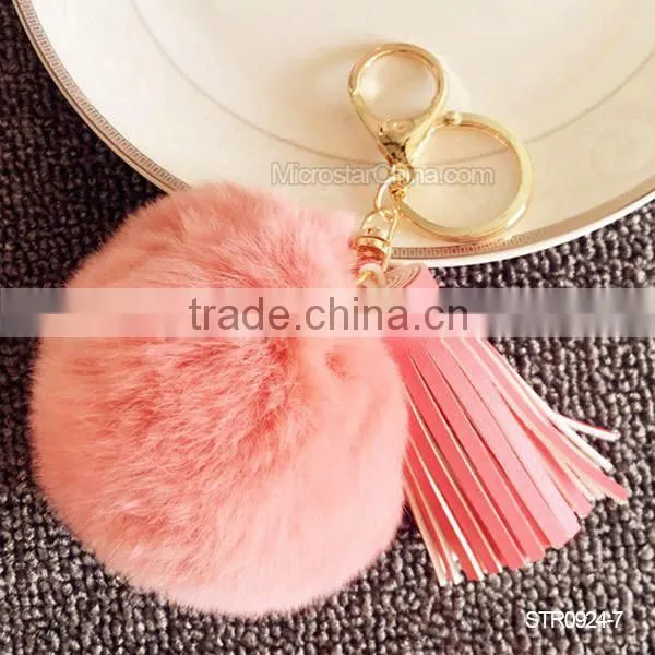 Promotion In Stock Rabbit Fur Ball Leather Tassel Key Chain