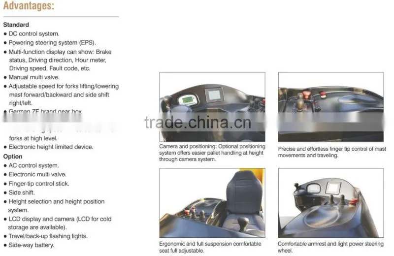 1.5 Ton Electric Reach stackers truck, Max. lift height 7400mm