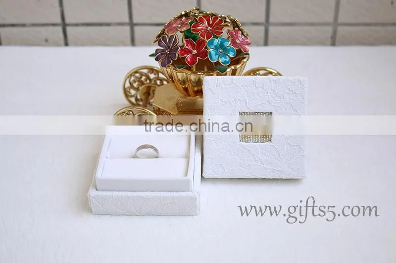 White wedding boxes for ring package with beaded name plate of M