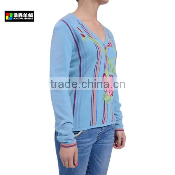 V-Neck Intarsia Wool Cashmere Blended Knitwear, Ladies Goutam Blue Knitwear