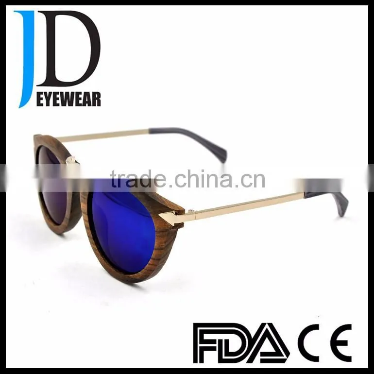 Hipster style old color natural solid wood round sunglasses with blue lens