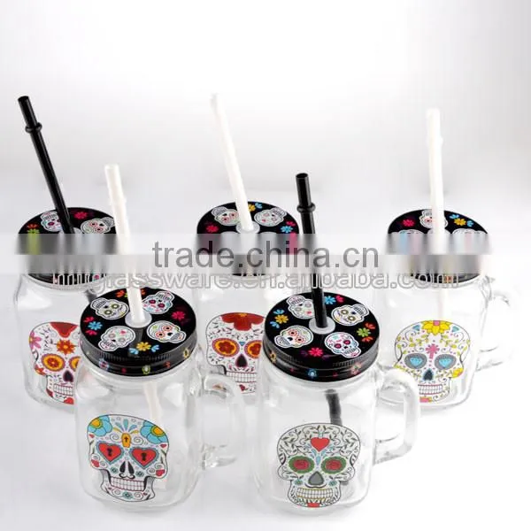 16oz Halloween White Smile Skull decal glass mason jar drinking water glass cup