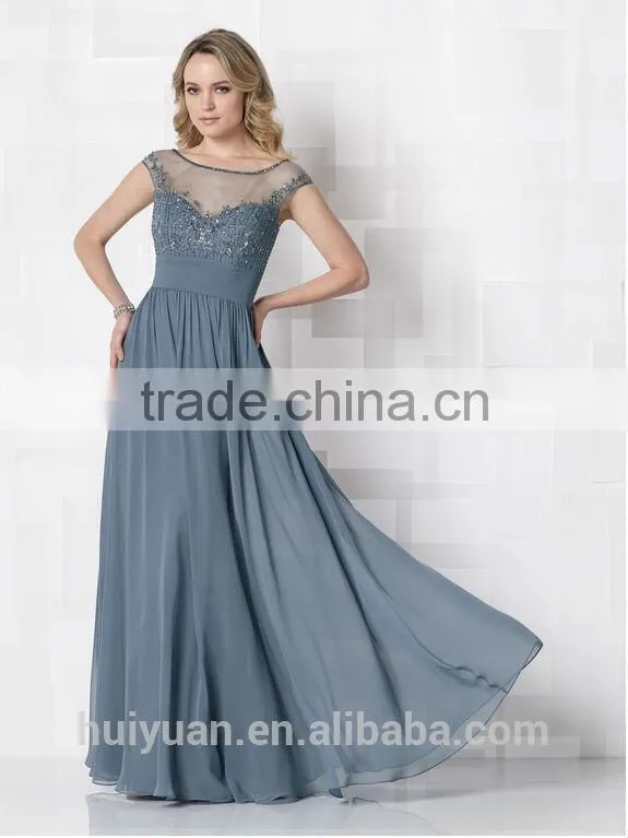 grey chiffon beaded cap sleeve full length wedding guest dress