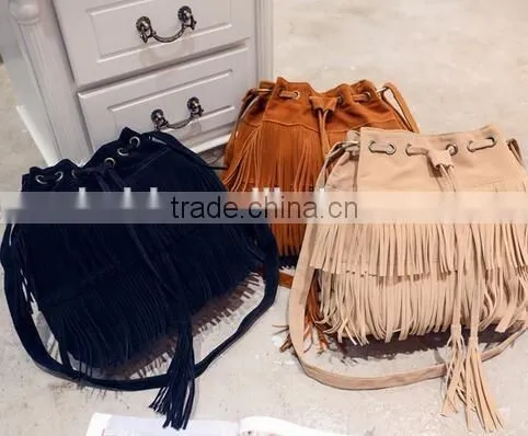 Small bucket women tote bag 2016 high quality tassels genuine leather bag women messenger bags famous