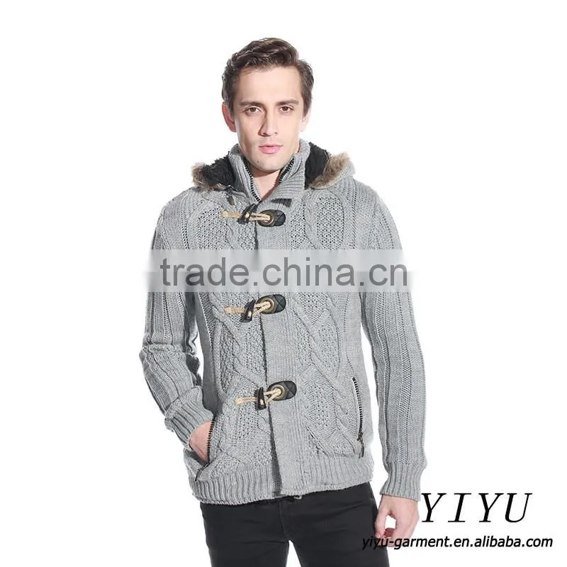 Latest Designs Man fleece lined wool top cable knit cardigan sweater with hooded