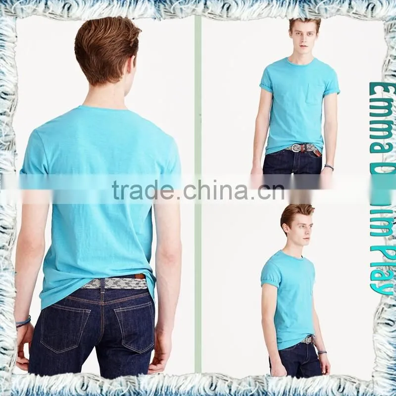2017 Blue Single Chest Pocket O Neck T Shirts for Men