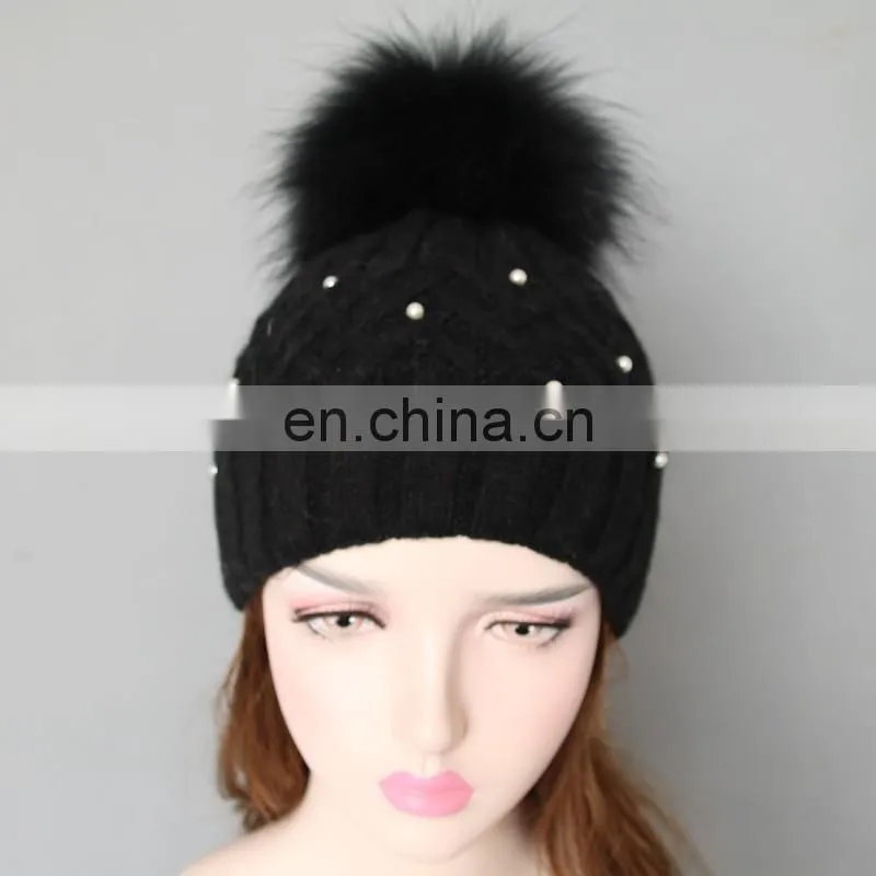 Fashion design black knitted pattern wool blend hats with fur pom