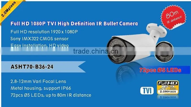 Metal housing OSD Menu 2.0MP Anolog HD TVI Sony 322 COMS Color IR Bullet proof tvi CCTV Camera