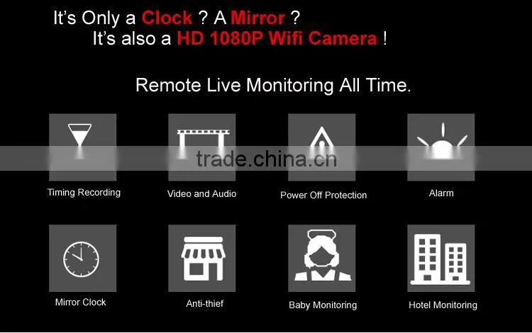 1080P IP Mirror Clock Wifi Hidden Camera with Alarm Sensor