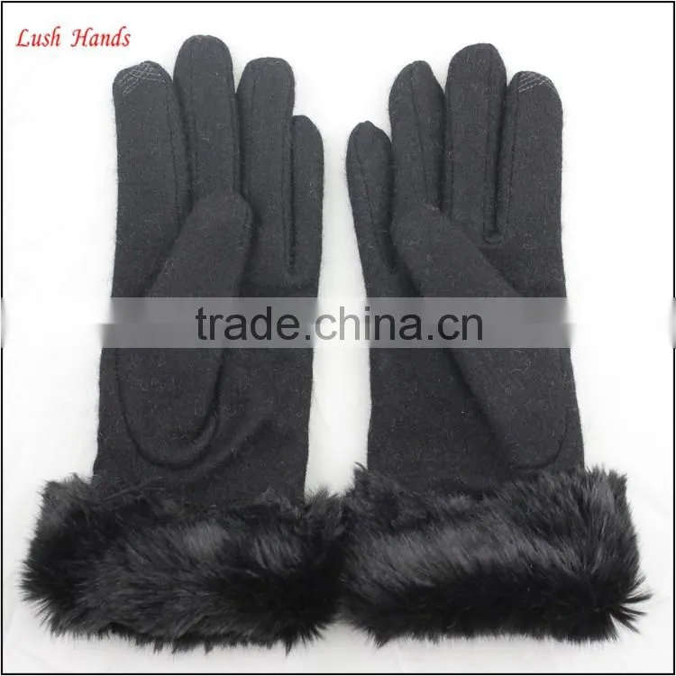 women woolen cheap hand gloves winter dress gloves with black fake fur