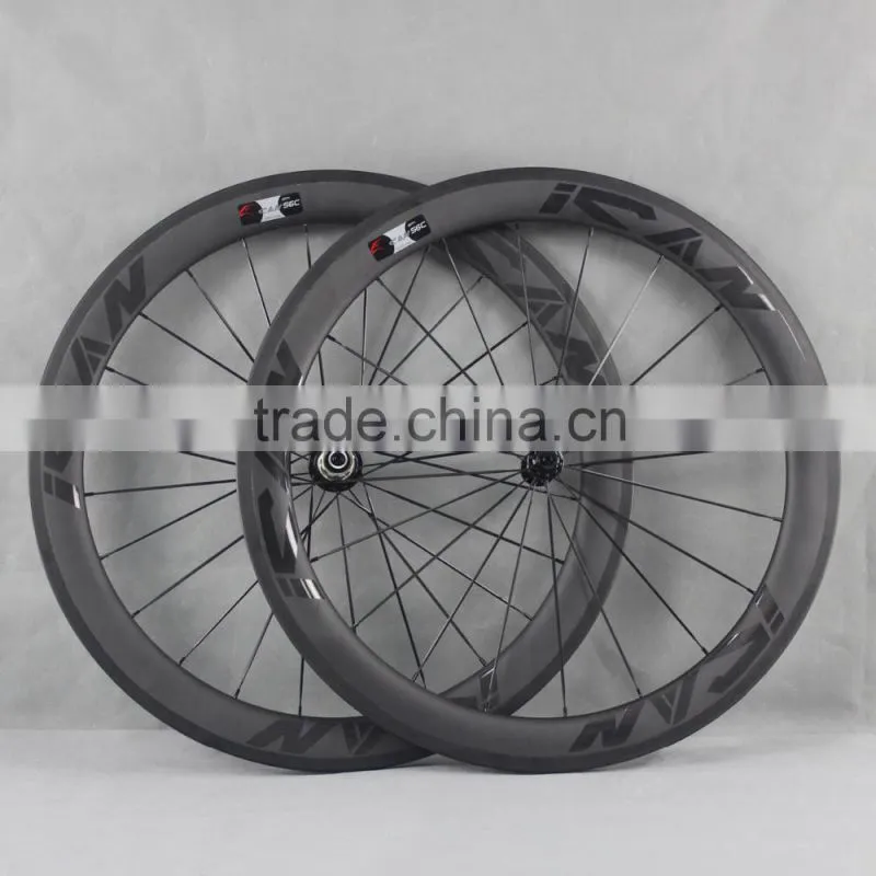 700c ican carbon fiber bike wheels 56mm clincher road bicycle wheel with glossy logos W56C