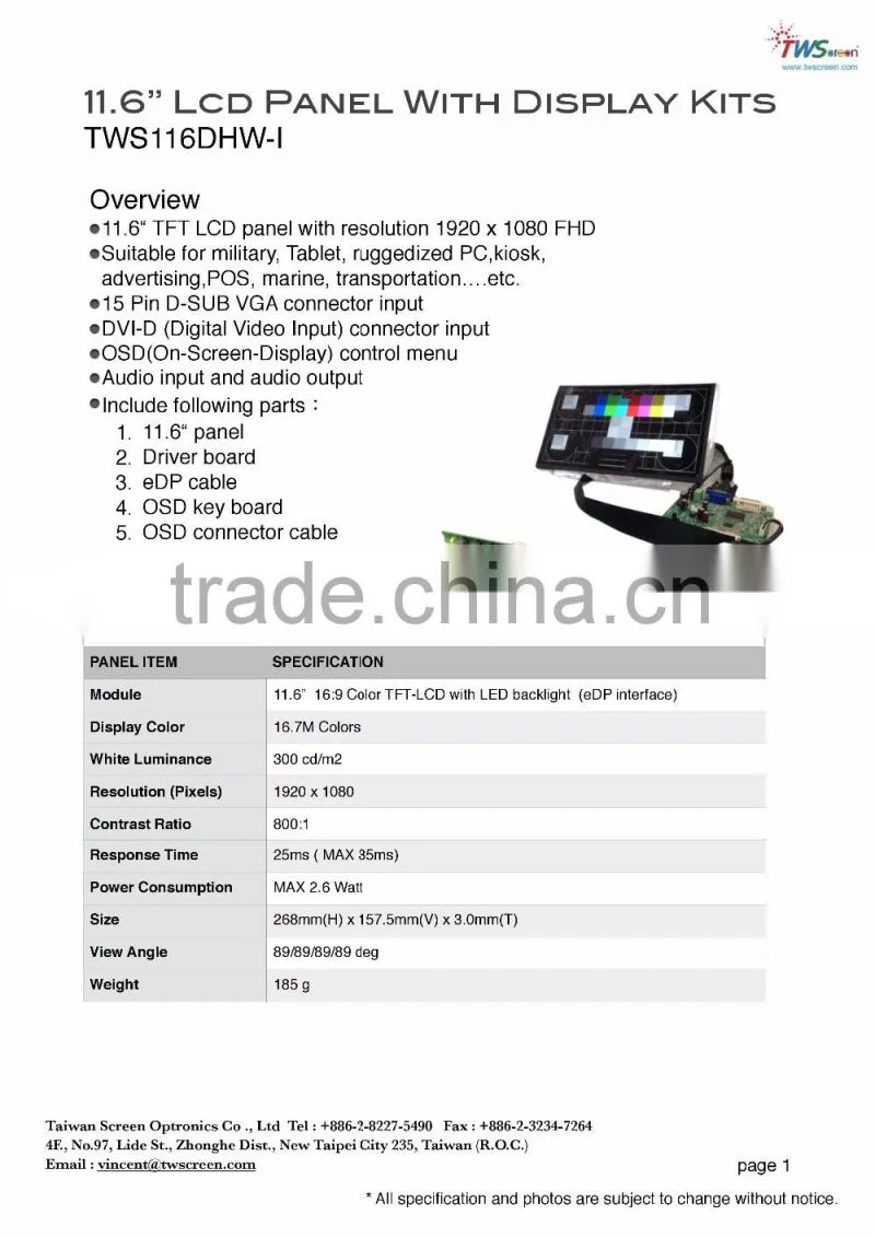 11.6 inches Tft Lcd Panel with Driver Board edp interface