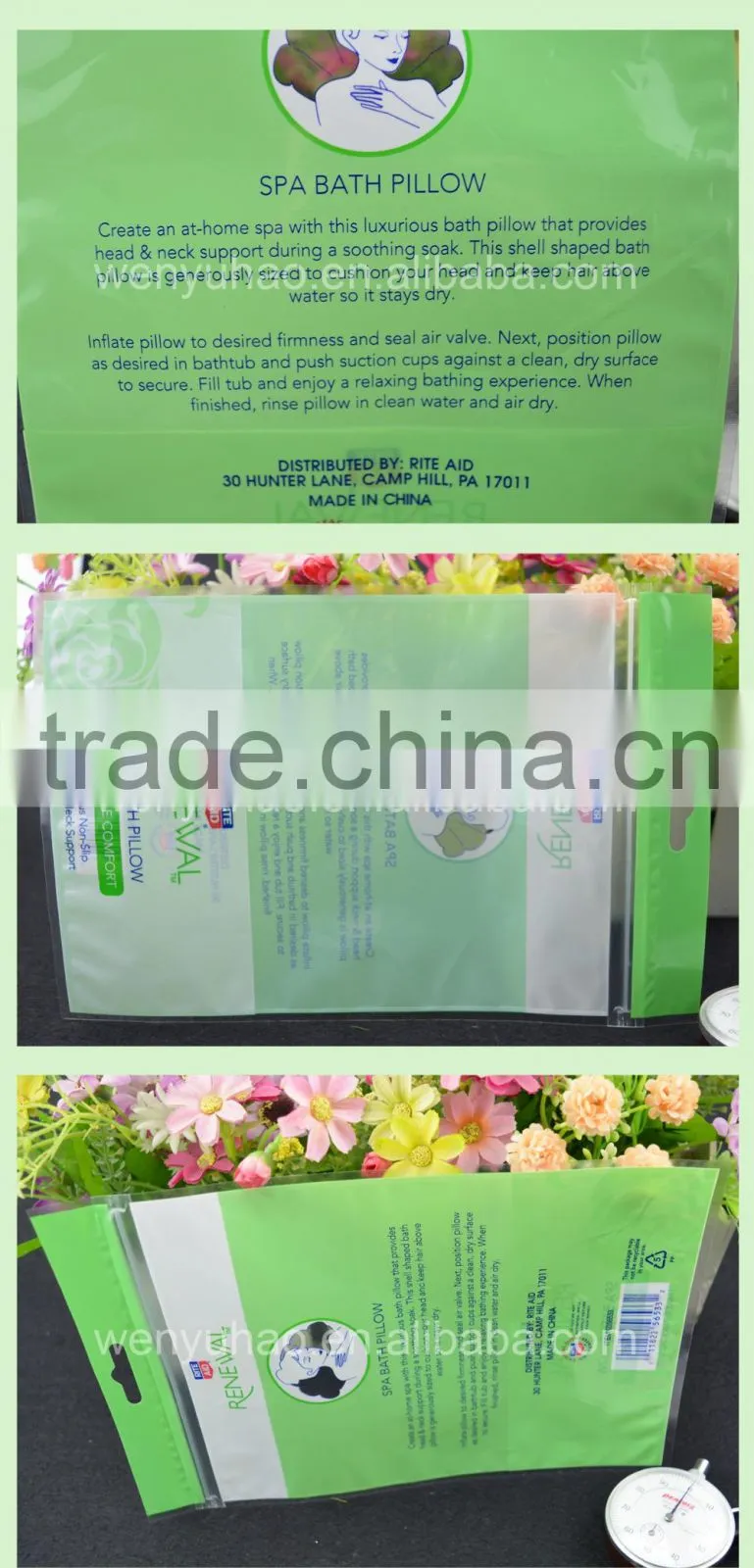 high quality factory wholesale PET+CPP 2 layers lamination header spa bath pillow packingbag with hanging hole