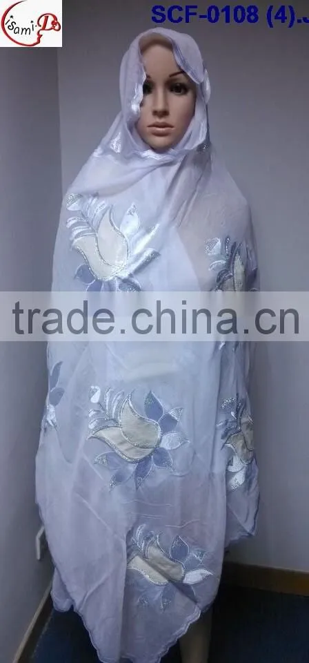 SCF -0108 white 2016 New coming design nice Muslim embroidery scarf ,shawls , pashmina shawl scarf , fashion women long scarf