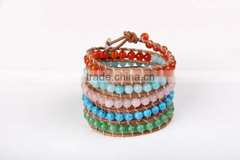 the sea blue pink crystal bracelet fashion Agate beads charm bracelet women jewelry 5 coil winding leather bracelet bangles
