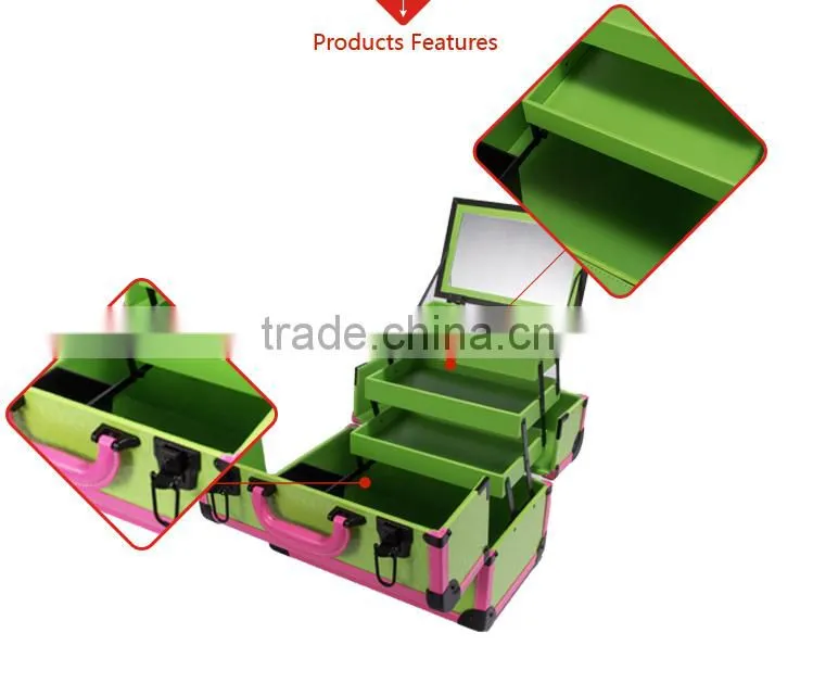 Wholesale portable professional rolling beauty box empty makeup vanity case with mirror